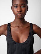 Rarys Satin Dress - Black satin long dress, split on the skirt and cutaway shoulders.
