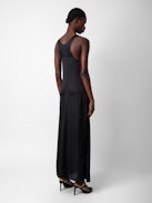 Rarys Satin Dress - Black satin long dress, split on the skirt and cutaway shoulders.