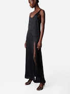 Rarys Satin Dress - Black satin long dress, split on the skirt and cutaway shoulders.