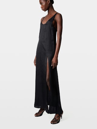 Dress Rarys Satin - Long satin dress with slit skirt and halter armholes.