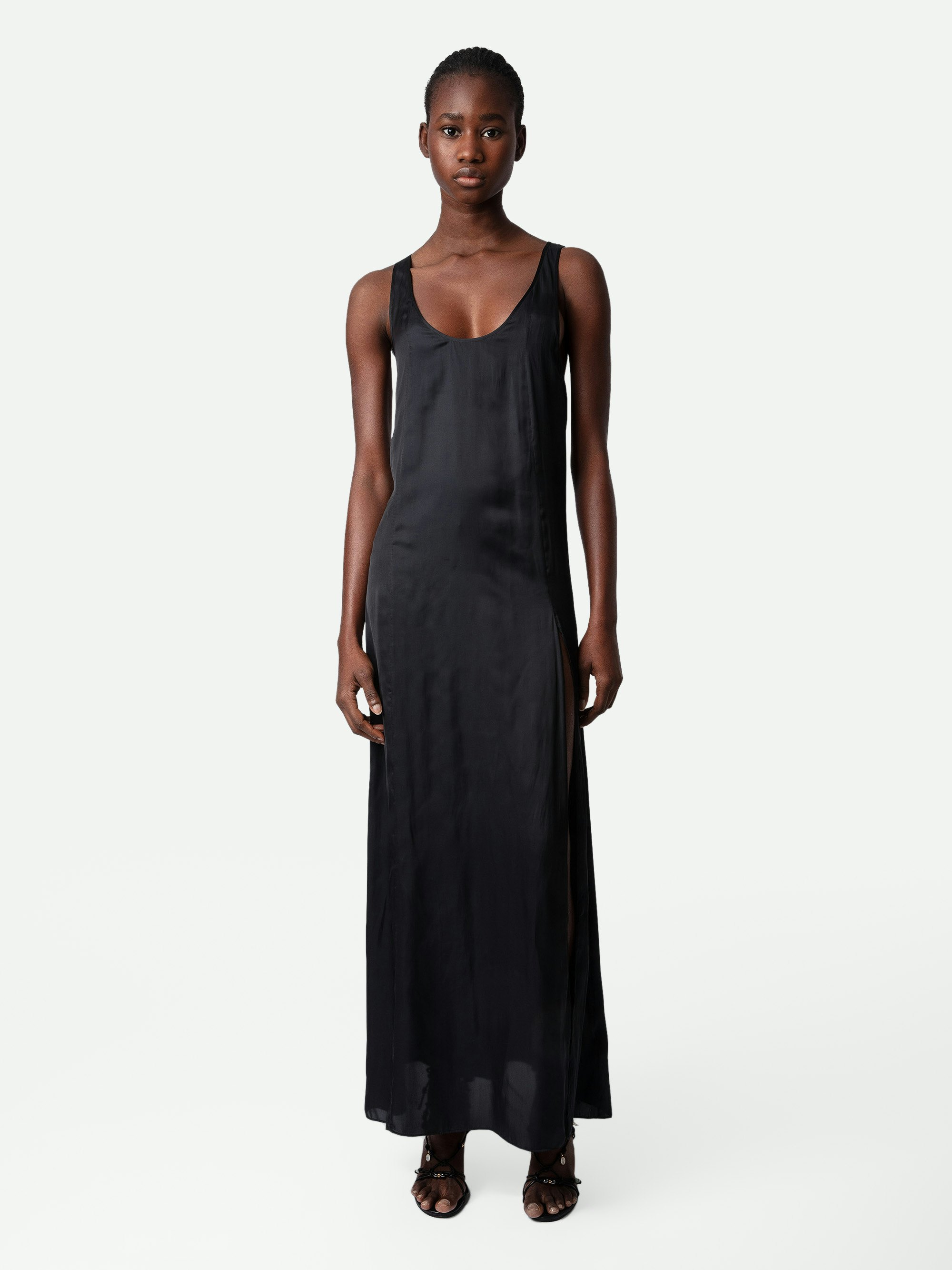 Rarys Satin Dress - Black satin long dress, split on the skirt and cutaway shoulders.