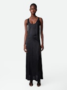 Rarys Satin Dress - Black satin long dress, split on the skirt and cutaway shoulders.