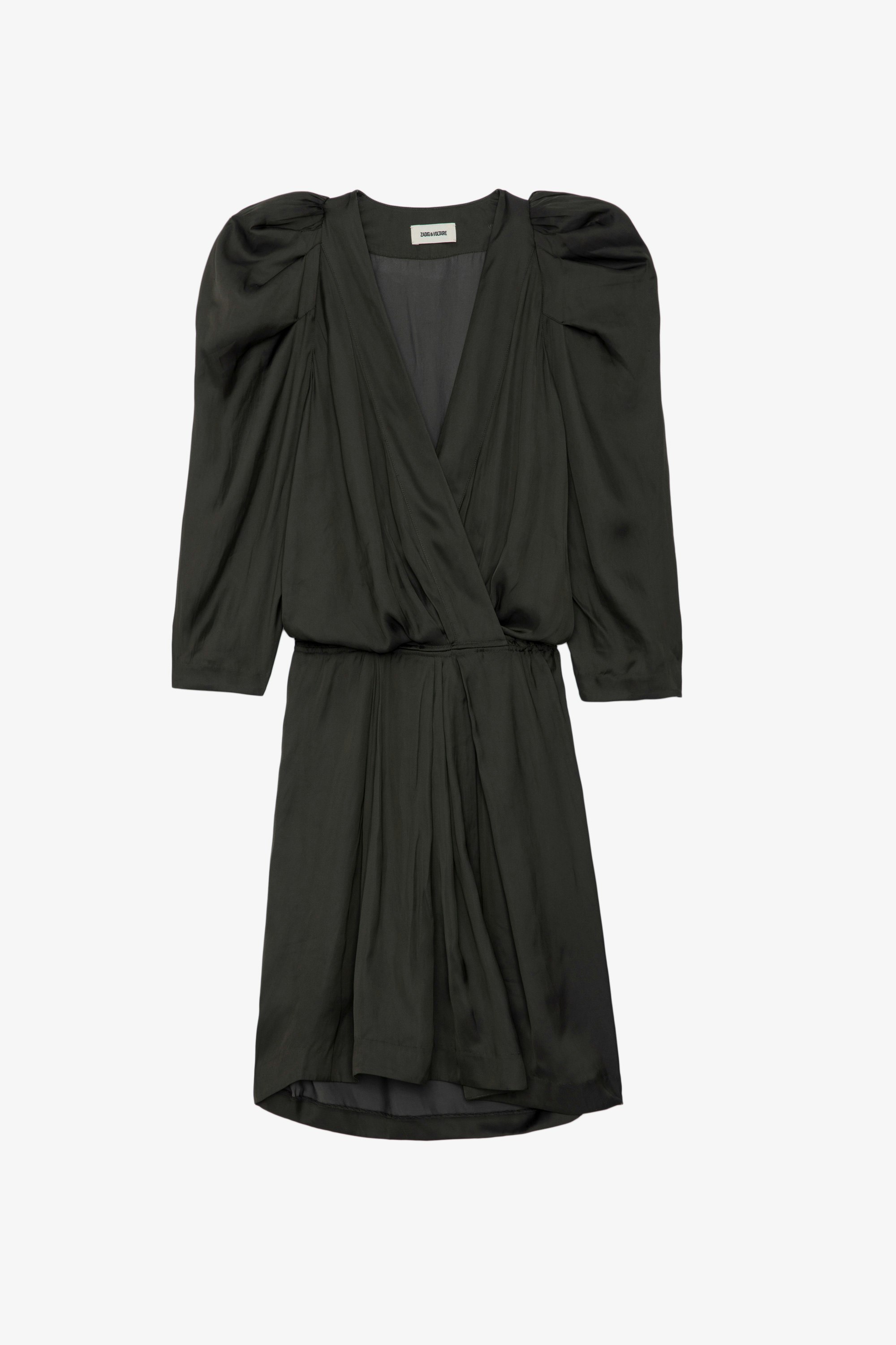 Ruz Satin Dress - Short charcoal satin dress with 3/4-length sleeves, elasticated waist and gathers on the shoulders.