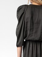 Ruz Satin Dress - Short charcoal satin dress with 3/4-length sleeves, elasticated waist and gathers on the shoulders.