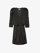 Ruz Satin Dress - Short charcoal satin dress with 3/4-length sleeves, elasticated waist and gathers on the shoulders.