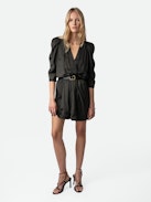 Ruz Satin Dress - Short charcoal satin dress with 3/4-length sleeves, elasticated waist and gathers on the shoulders.