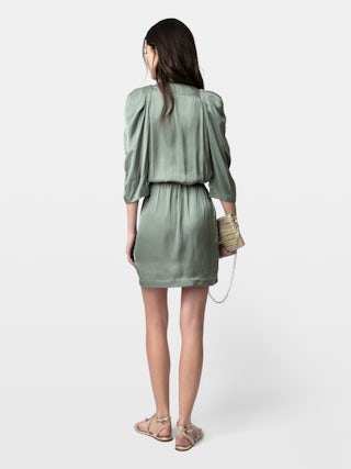 Dress Ruz Satin - Short satin dress with gathers and wrap neckline.