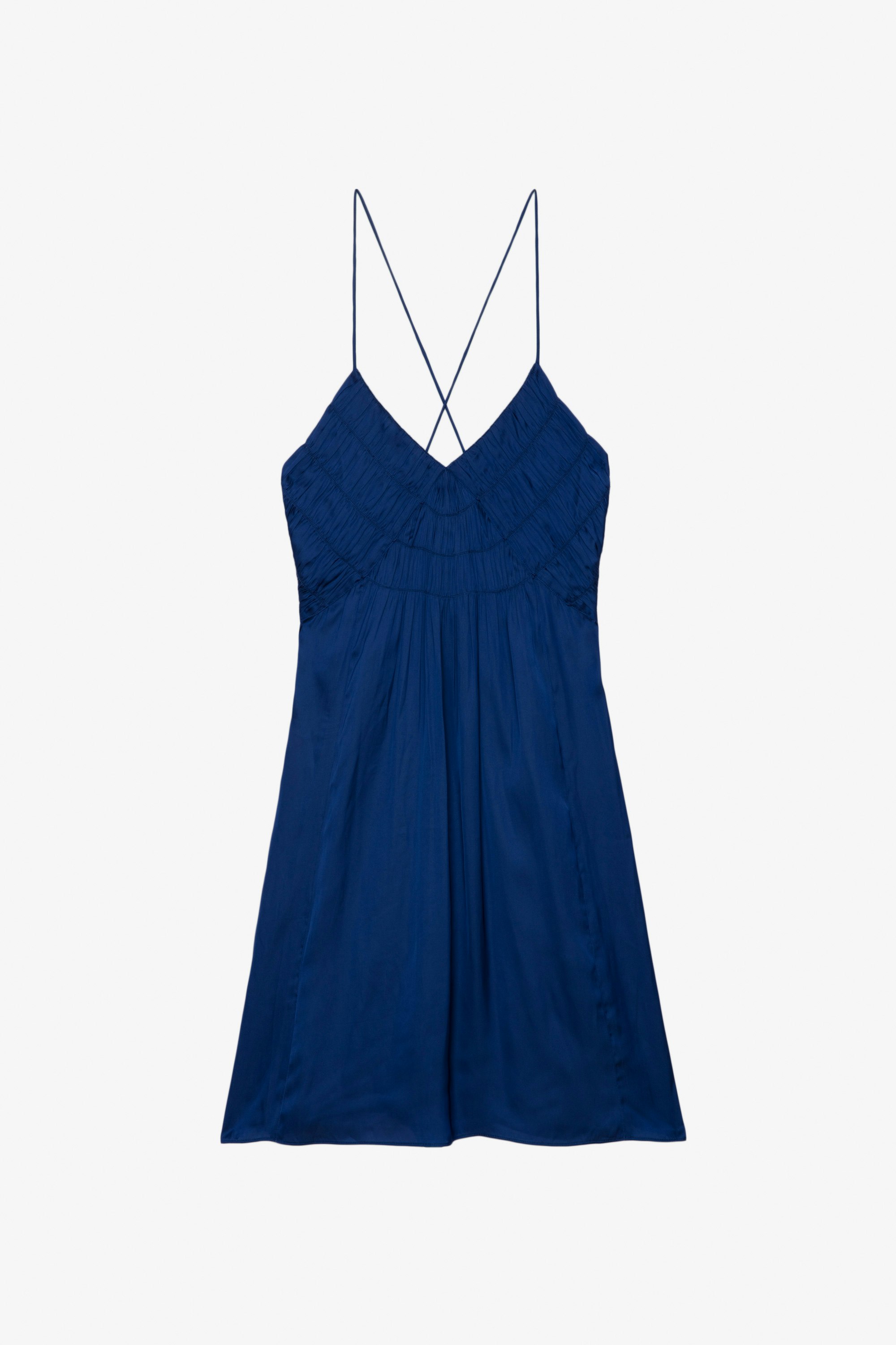 Kleid Rayonna Satin - Kurzes, blaues Satinkleid im Lingerie-Stil mit Trägern und ausgearbeiteter Vorderseite.