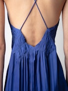 Rayonna Satin Dress - Lingerie-style blue satin mini dress with straps and an elaborate front.