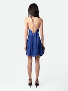 Rayonna Satin Dress - Lingerie-style blue satin mini dress with straps and an elaborate front.