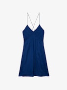 Rayonna Satin Dress - Lingerie-style blue satin mini dress with straps and an elaborate front.