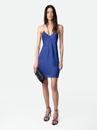 Rayonna Satin Dress - Lingerie-style blue satin mini dress with straps and an elaborate front.