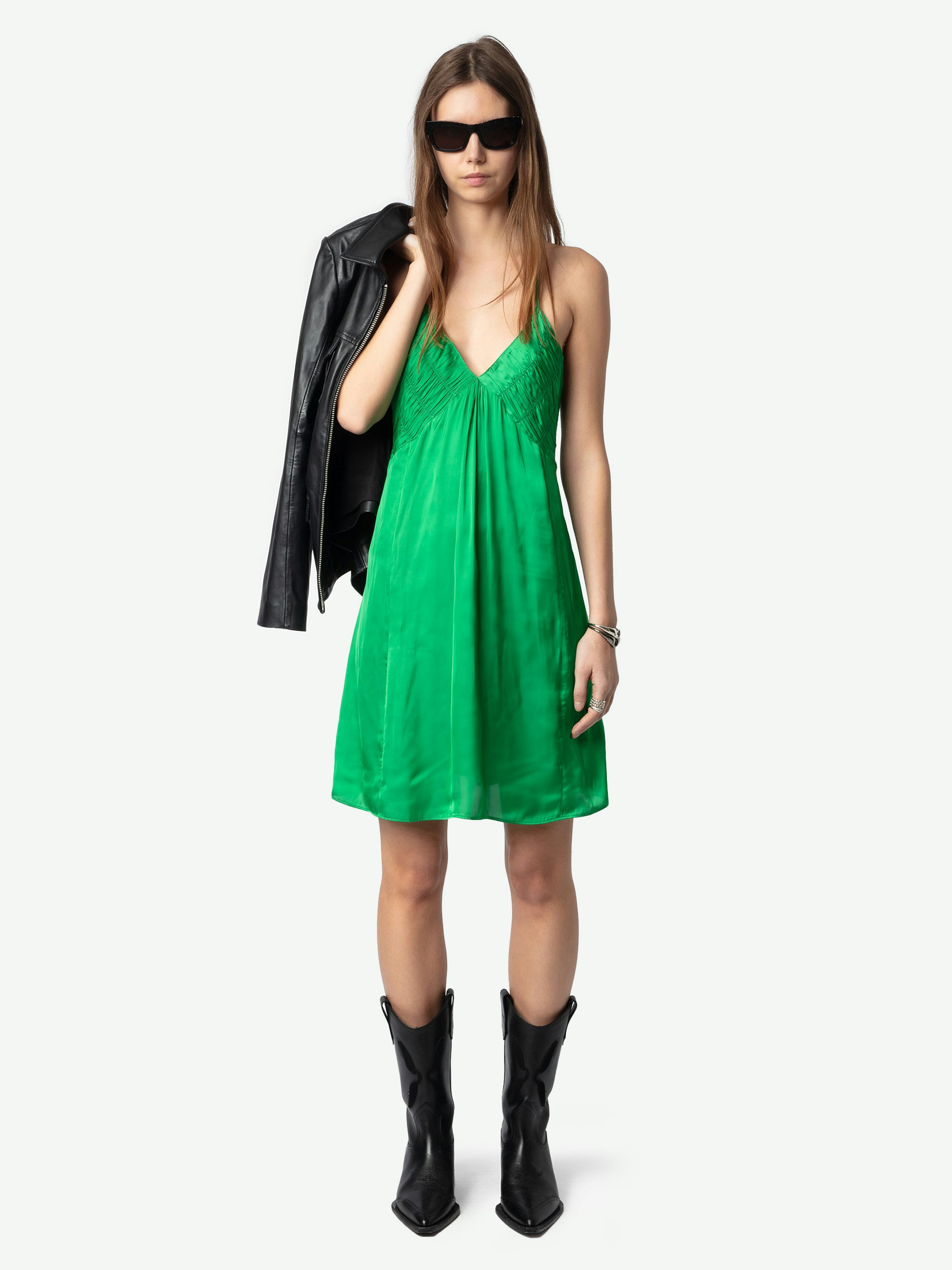 Rayonna Satin Dress - Short lingerie-inspired dress in Japanese satin with pleated details and adjustable cross-over straps.