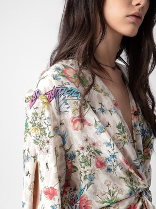 Robe Rozom 100% Soie - Robe courte en soie à imprimé Twisted Garden, manches courtes et drapée à la taille.