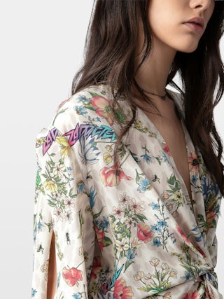 Dress Rozom 100% Silk - Short silk dress with Twisted Garden print, short sleeves, draped waist.