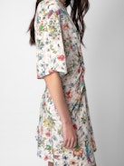 Rozom Dress 100% Silk - Ecru silk mini dress with Twisted Garden print, short sleeves and draped at the waist.