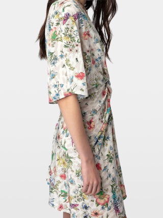 Dress Rozom 100% Silk - Short silk dress with Twisted Garden print, short sleeves, draped waist.