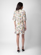 Rozom Dress 100% Silk - Ecru silk mini dress with Twisted Garden print, short sleeves and draped at the waist.