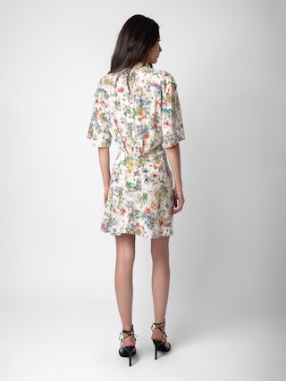 Robe Rozom 100% Soie - Robe courte en soie à imprimé Twisted Garden, manches courtes et drapée à la taille.