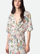 Rozom Dress 100% Silk - Ecru silk mini dress with Twisted Garden print, short sleeves and draped at the waist.