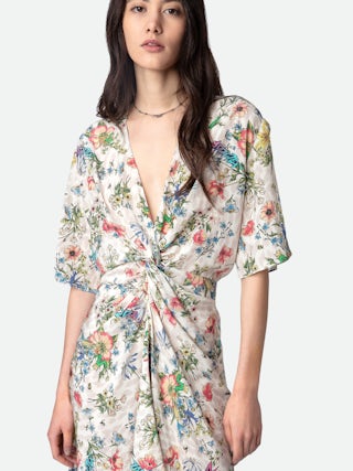 Robe Rozom 100% Soie - Robe courte en soie à imprimé Twisted Garden, manches courtes et drapée à la taille.