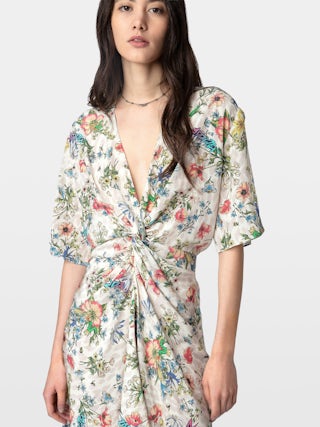 Dress Rozom 100% Silk - Short silk dress with Twisted Garden print, short sleeves, draped waist.