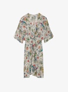 Rozom Dress 100% Silk - Ecru silk mini dress with Twisted Garden print, short sleeves and draped at the waist.