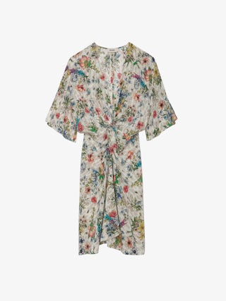 Robe Rozom 100% Soie - Robe courte en soie à imprimé Twisted Garden, manches courtes et drapée à la taille.