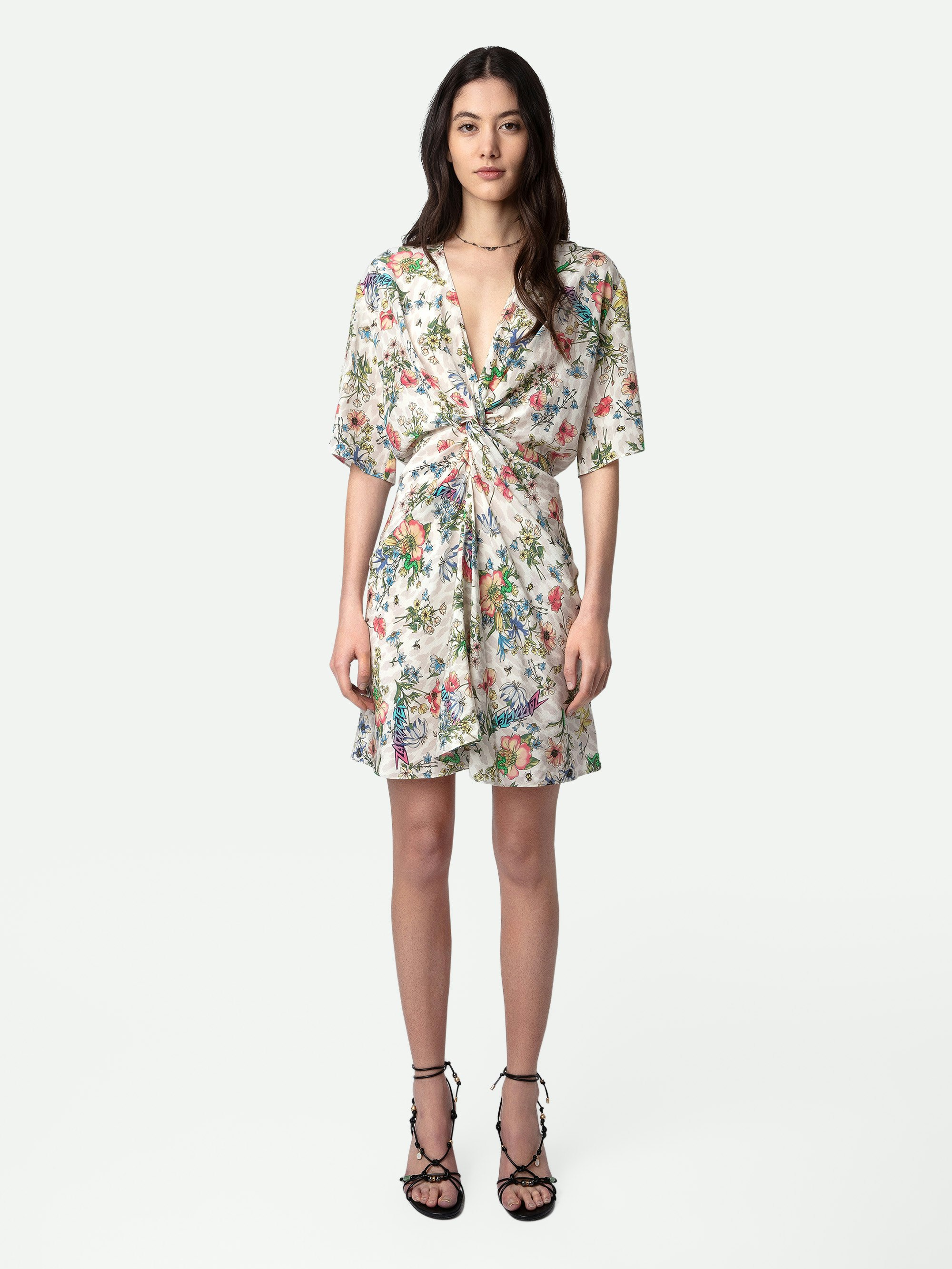 Rozom Silk Dress - Ecru silk mini dress with Twisted Garden print, short sleeves and draped at the waist.