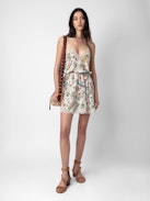 Ristyz Silk Dress - Ecru silk lingerie-style mini dress with Twisted Garden print, lace trim and tie at the waist.