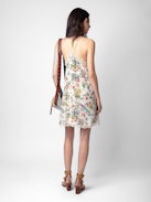 Ristyz Silk Dress - Ecru silk lingerie-style mini dress with Twisted Garden print, lace trim and tie at the waist.