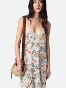 Ristyz Silk Dress - Ecru silk lingerie-style mini dress with Twisted Garden print, lace trim and tie at the waist.