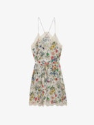 Ristyz Silk Dress - Ecru silk lingerie-style mini dress with Twisted Garden print, lace trim and tie at the waist.
