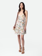 Ristyz Silk Dress - Ecru silk lingerie-style mini dress with Twisted Garden print, lace trim and tie at the waist.