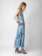 Rolanys Silk Dress - Women’s blue silk lingerie-style long dress with print and lace shoulders.