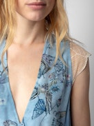 Rolanys Silk Dress - Women’s blue silk lingerie-style long dress with print and lace shoulders.