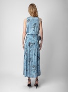 Rolanys Silk Dress - Women’s blue silk lingerie-style long dress with print and lace shoulders.