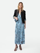 Rolanys Silk Dress - Women’s blue silk lingerie-style long dress with print and lace shoulders.