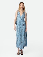 Rolanys Silk Dress - Women’s blue silk lingerie-style long dress with print and lace shoulders.
