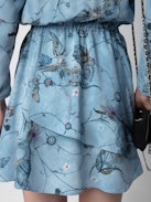 Rogers Dress 100% Silk - Blue silk mini dress with print, elasticated waist and asymmetric skirt.