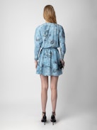 Rogers Dress 100% Silk - Blue silk mini dress with print, elasticated waist and asymmetric skirt.