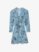 Rogers Dress 100% Silk - Blue silk mini dress with print, elasticated waist and asymmetric skirt.
