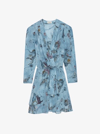 Robe Rogers 100% Soie - Robe courte en soie bleue à imprimé, élastiquée à la taille et jupe asymétrique.