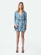 Rogers Dress 100% Silk - Blue silk mini dress with print, elasticated waist and asymmetric skirt.