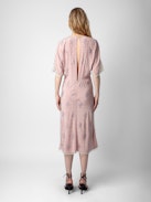 Rey Silk Jacquard Dress - Pink silk lingerie-style midi dress with jacquard wings, diamanté, lace and seam at the back.