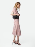 Rey Silk Jacquard Dress - Pink silk lingerie-style midi dress with jacquard wings, diamanté, lace and seam at the back.