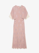 Rey Silk Jacquard Dress - Pink silk lingerie-style midi dress with jacquard wings, diamanté, lace and seam at the back.