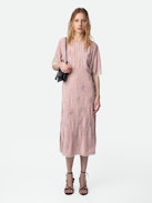 Rey Silk Jacquard Dress - Pink silk lingerie-style midi dress with jacquard wings, diamanté, lace and seam at the back.