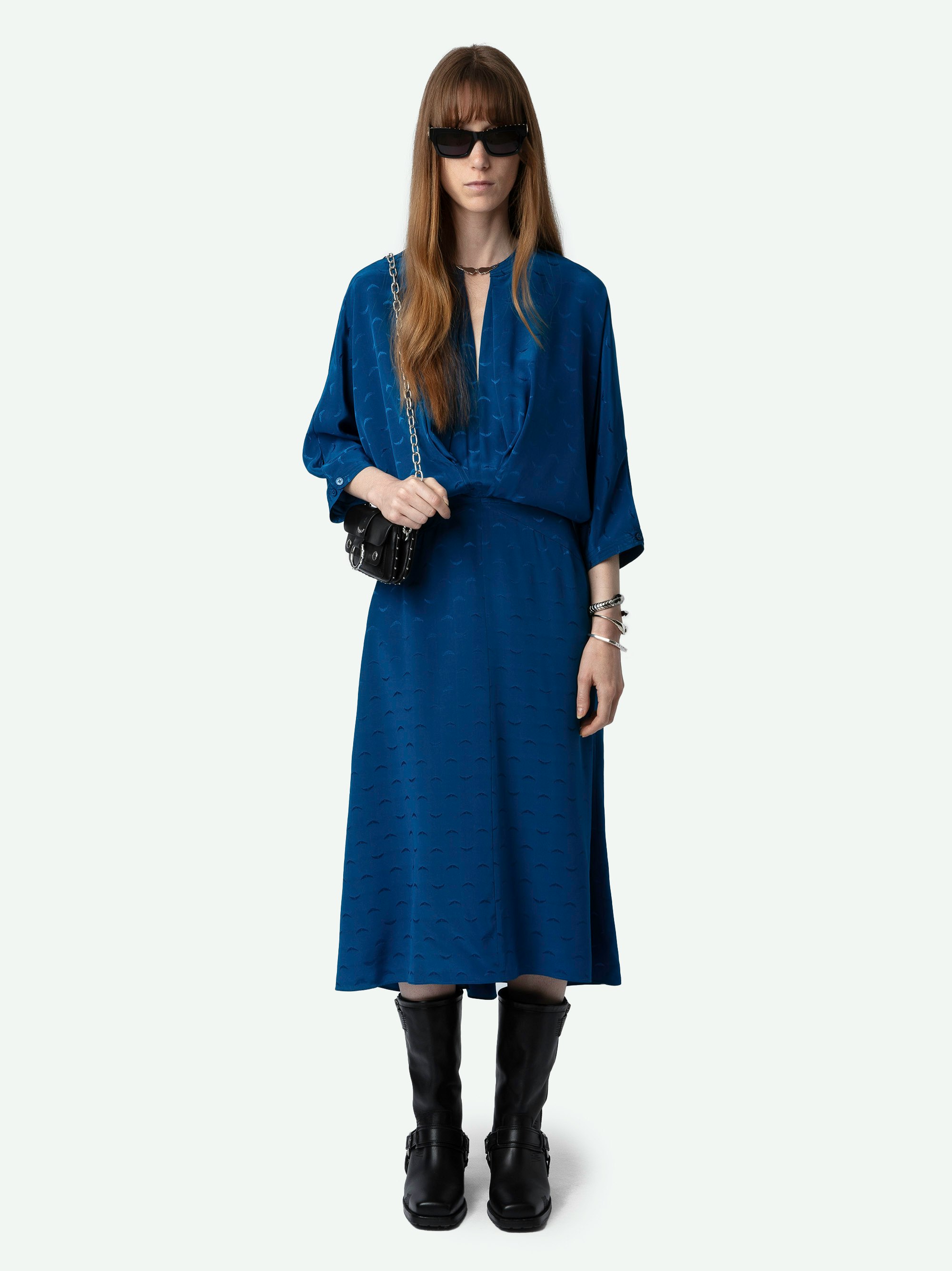 Ritany Jacquard Silk Wings Dress - Blue silk midi dress with jacquard wings design, round neck with wing clasp and 3/4-length batwing sleeves.