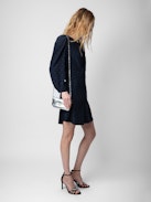 Rhodri Silk Jacquard Dress - Short navy blue silk dress with jacquard wings, button closure and 3/4-length sleeves.